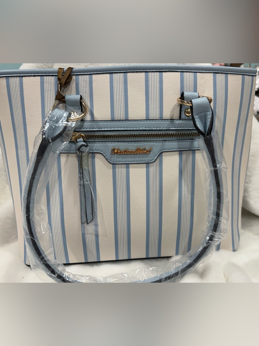 NWT Montana West Pale Blue & White Striped Tote
